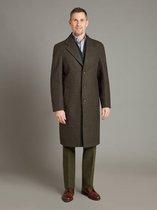 Raglan Sleeve Overcoat Houndstooth - Green/Brown