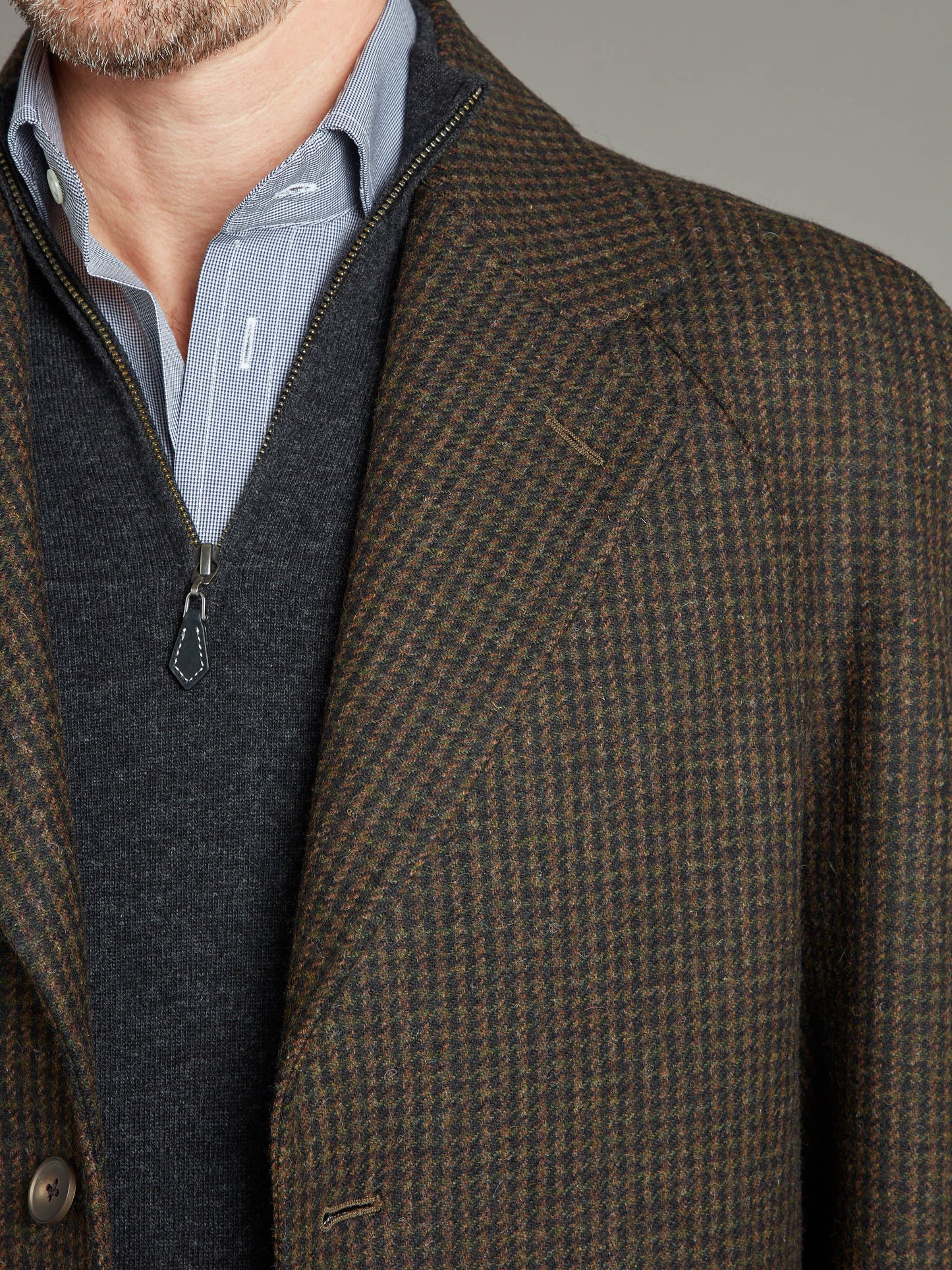 Raglan Sleeve Overcoat Houndstooth - Green/Brown