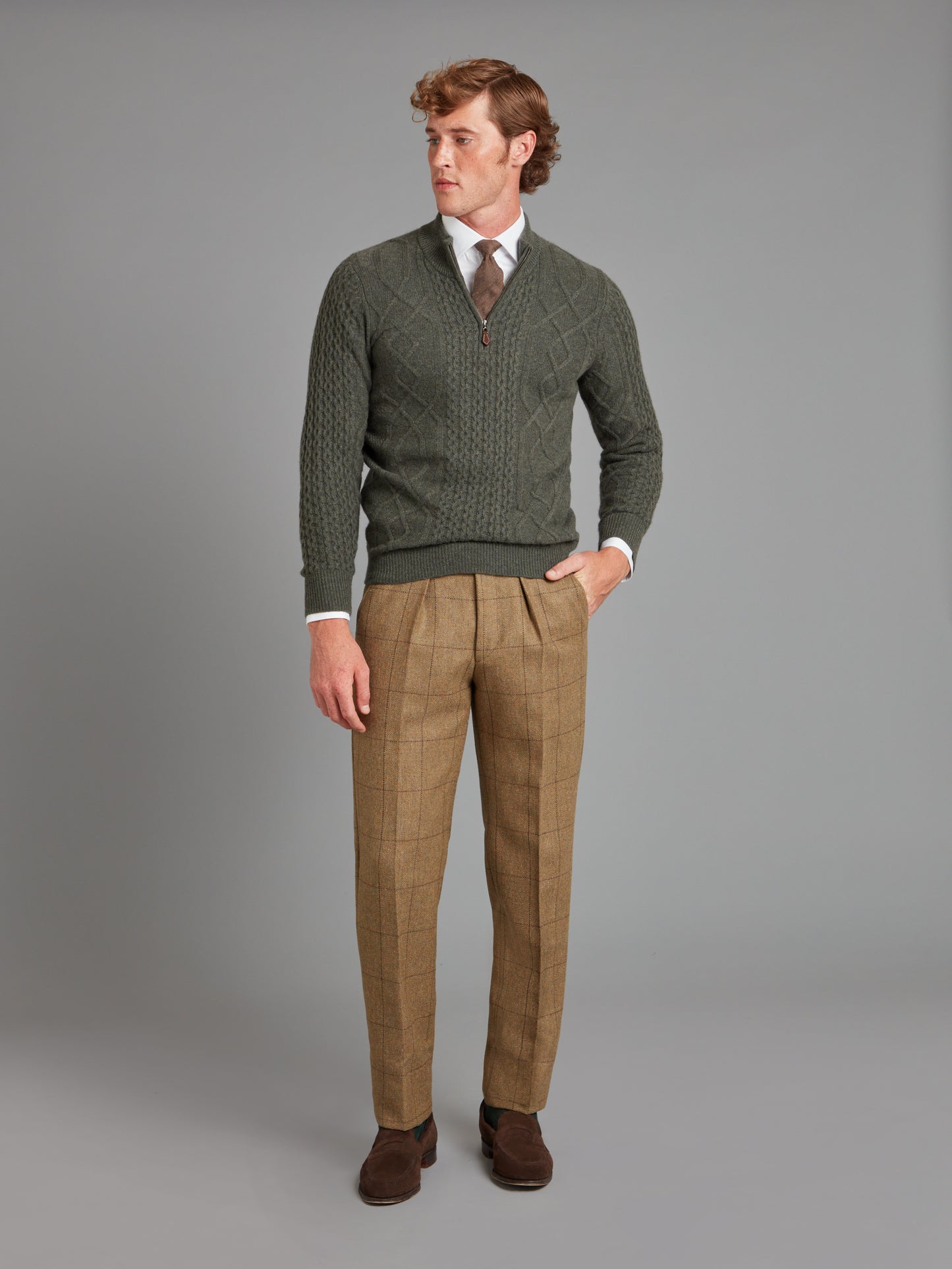 Cable Knit Cashmere Quarter Zip Jumper - Rosemary