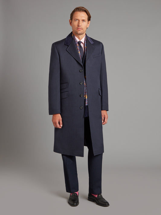 Covert Coat with Velvet Collar - Navy