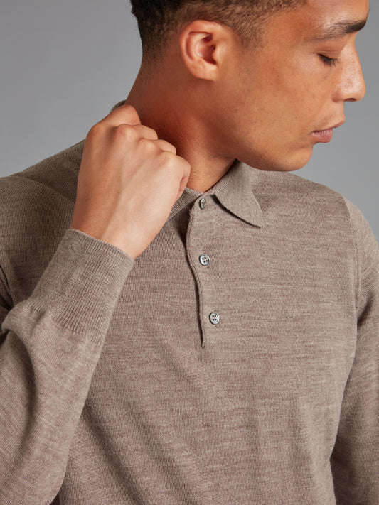 Fine Merino Long Sleeve Polo Shirt - Mushroom