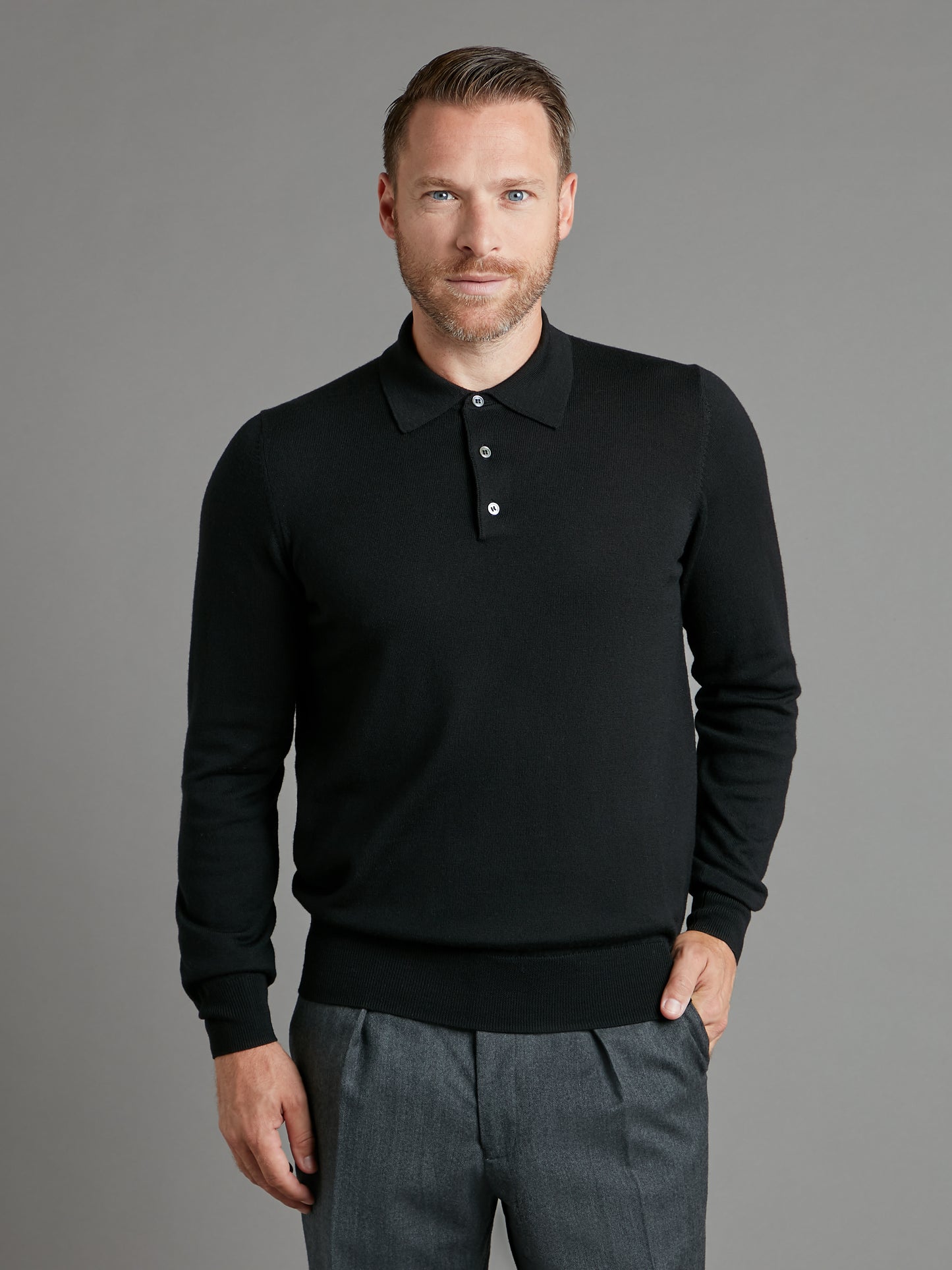 Fine Merino Long Sleeve Polo Shirt - Black