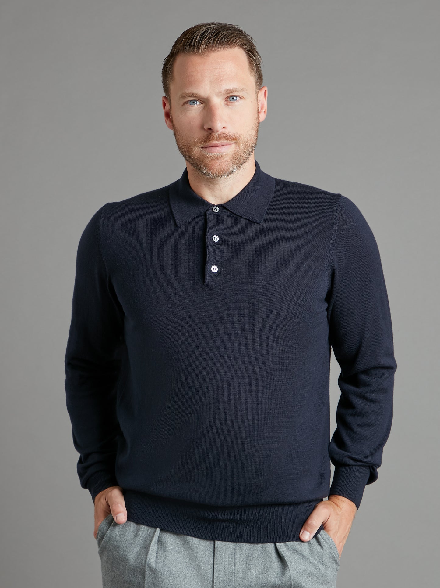 Fine Merino Long Sleeve Polo Shirt - Navy