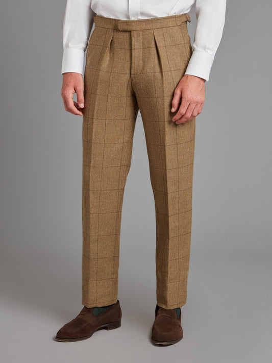 Pleated Trousers - Moss Windowpane Tweed